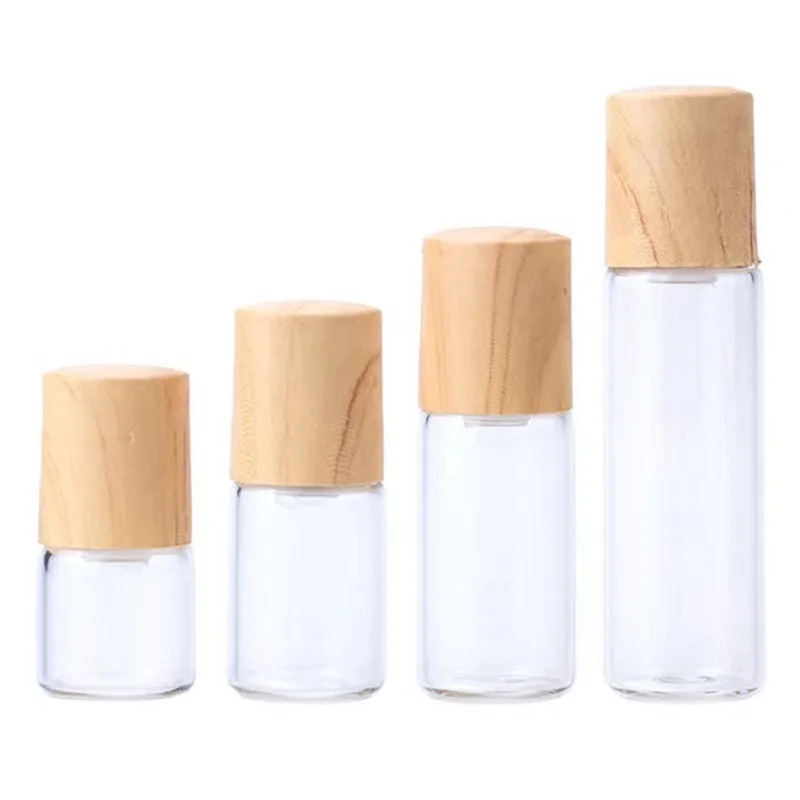 

100Pcs Empty Glass Bottle Clear Packing Container Vials False Wood Lid Steel Bead Glass Roller 1ml 2ml 3ml 5ml Refillable Bottle