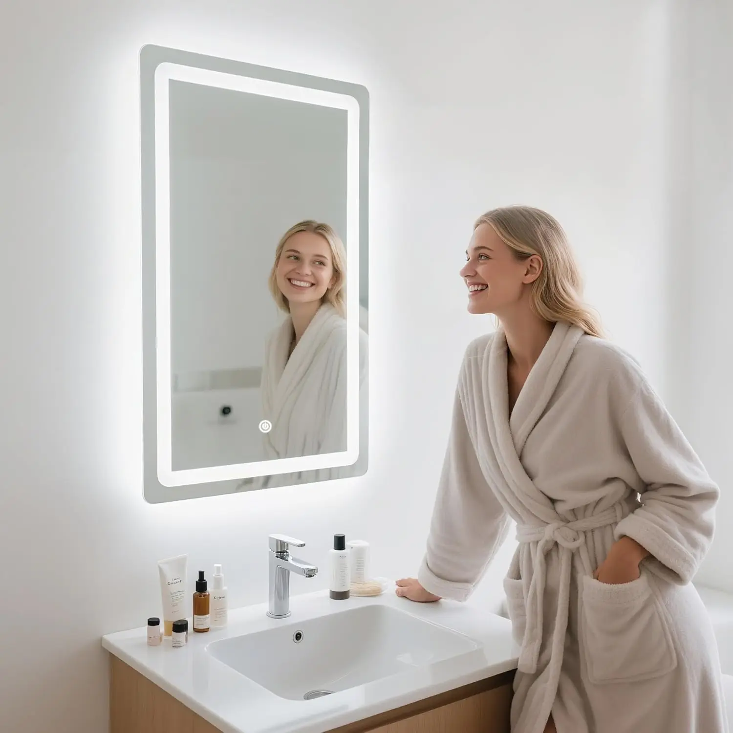 Badezimmer-Wandspiegel, Badezimmerspiegel mit Beleuchtung, Spiegel mit LED-Licht, Touch-Schalter und 3 dimmbaren Farben – Detail 7
