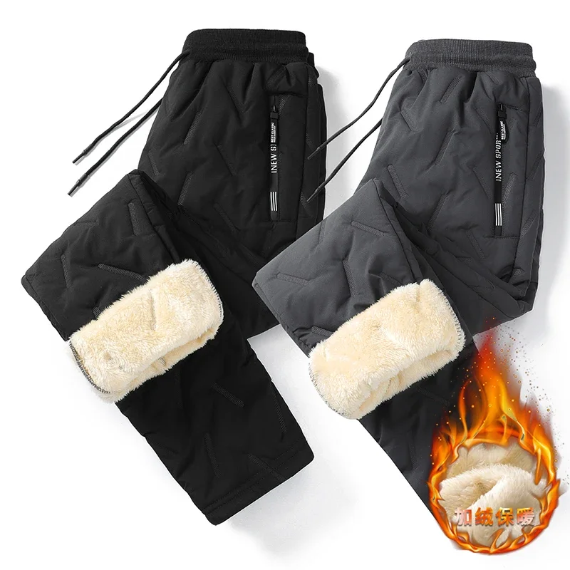 Winter Waterproof Cotton Pants Men\'s Plush Thick Wool Warm Sports Pants Casual Outdoor Ski Camping Cold-proof Men\'s Down Pants