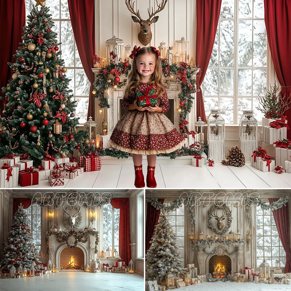 Christmas Photography Backdrop Curtain Window Fireplace Decor Christmas Tree Present Deer Head Background Photo Studio Photocall