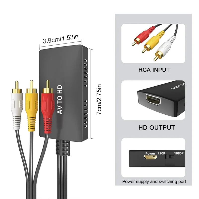 1080P RCA Composite AV to HDMI-compatible Converter PAL/NTSC Video Adapter for Game Consoles TV Projector Monitor