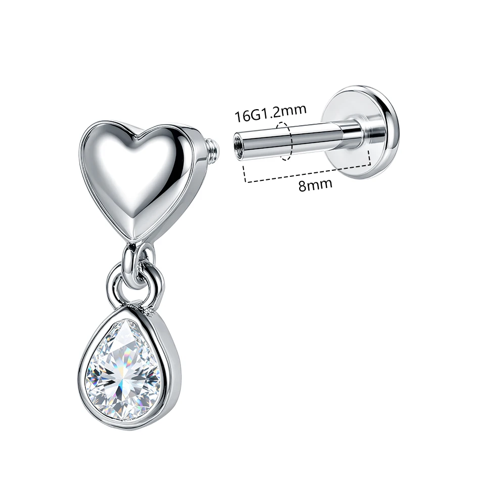 1PC Heart Zircon Stud Earring for Women Internally Threaded Ear Cartilage Helix Tragus Piercing Jewelry