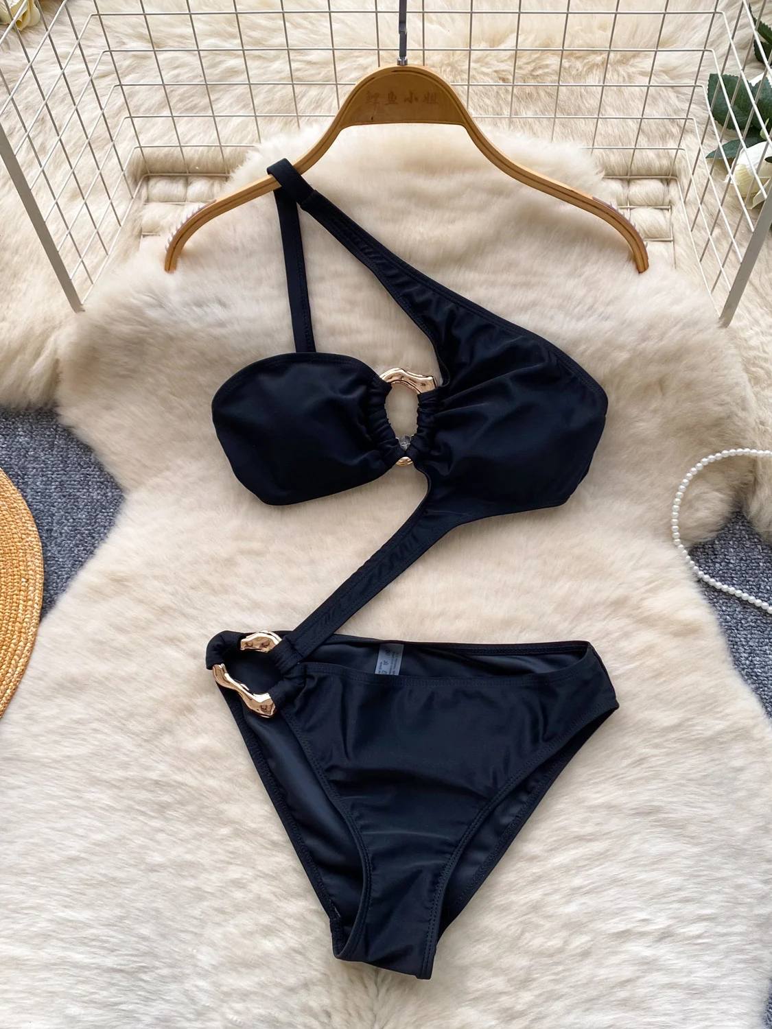 Summer Vacation Style Sexy Single Shoulder  Swimsuit Women's High Waist Shorts Metal Decoration Black  Pants
