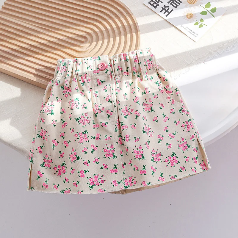 2-6Y Summer Girls Short Skirt Baby Fashionable Children Personality Fashion Sweet Flower Denim Skirt One Step