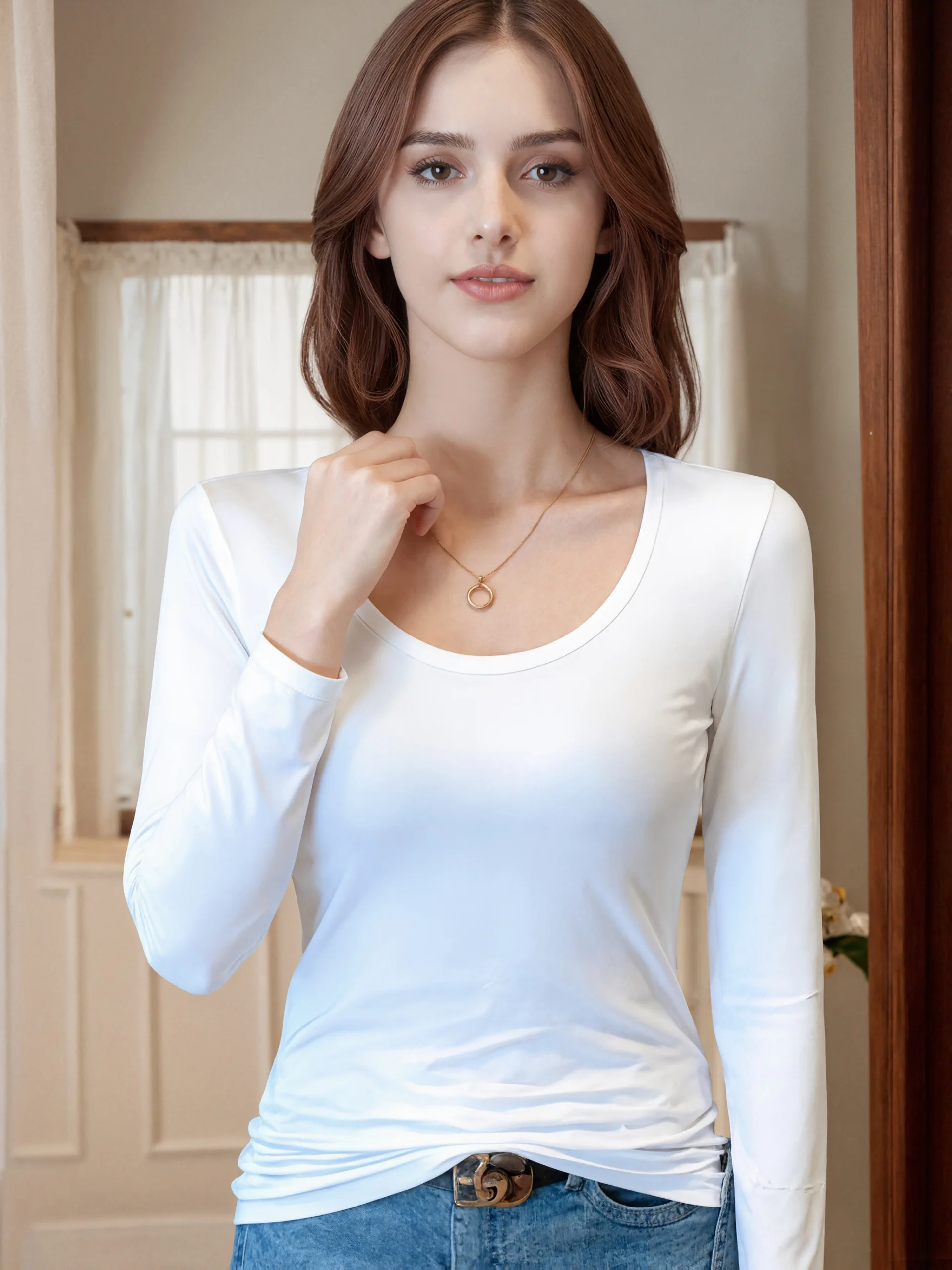 シンプルでエレガントなインテリアを備えたレディース長袖Tシャツ、体型を強調するスリムフィット、無地ミッドネックトップ