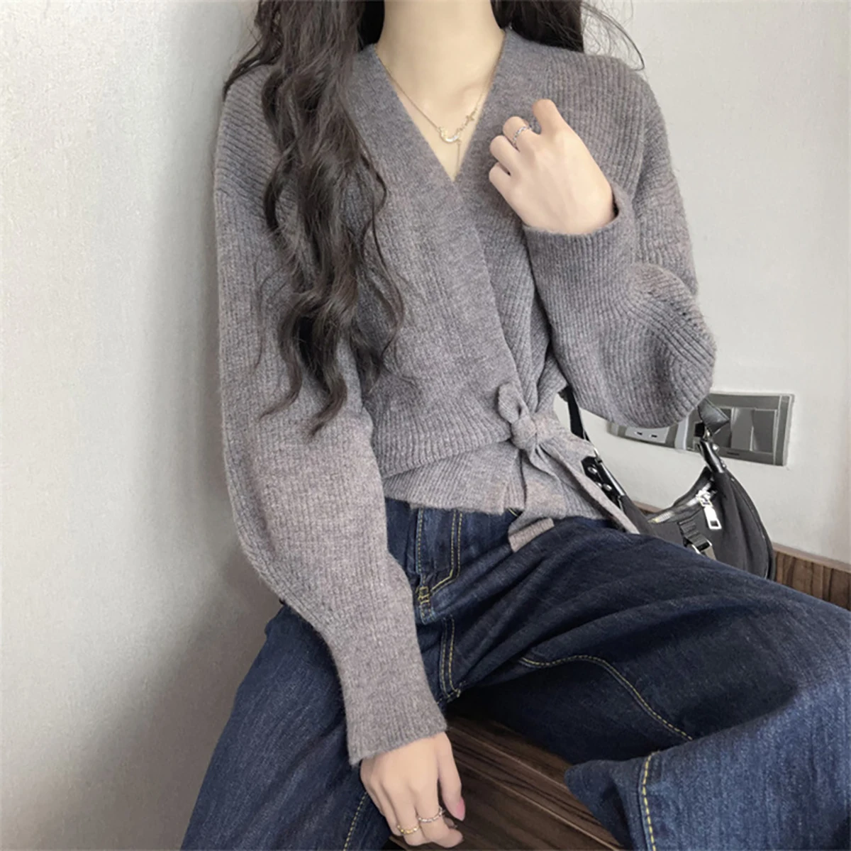 Y2K Autumn Winter Knitted Sweaters Women Loose V Neck Retro Elegant Cardigan Korean Chic Bandage Lace-up Casual Tops Clothing