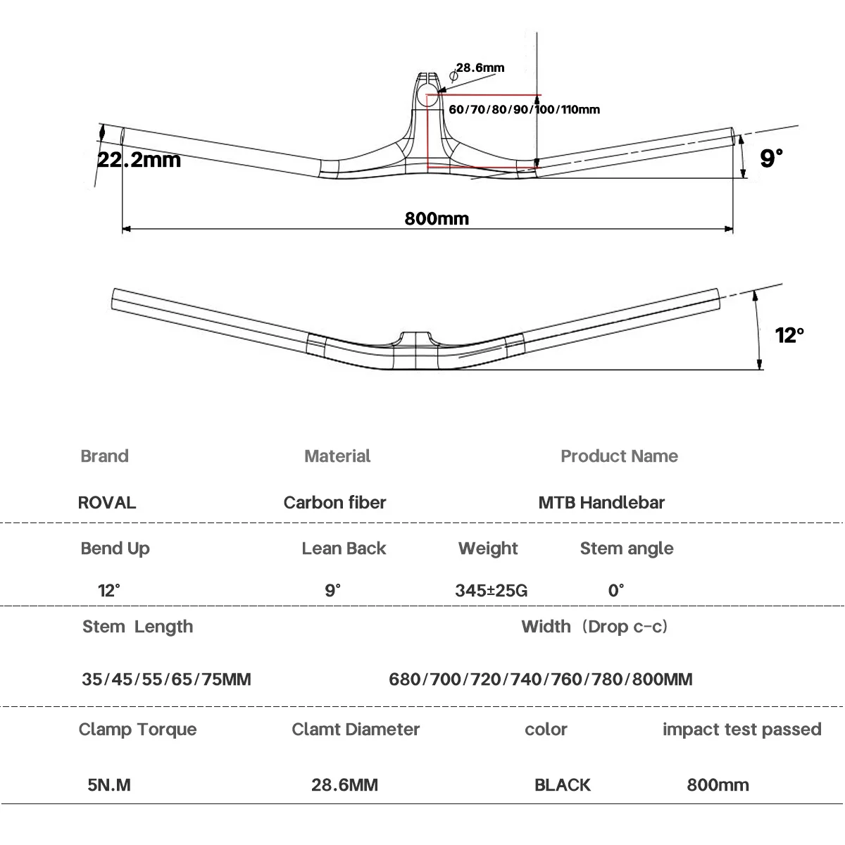 Bike Bicycle carbon handlebar +12°bar  660mm--800mm Mtb Integrated Handlebars Stem 35/45/55/65/75mm Impact test over 800mm