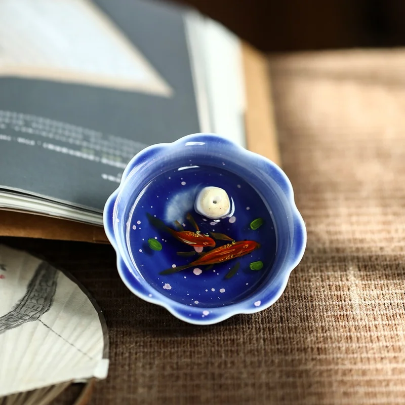 Handmade Lotus Line Incense Holder Stereograph Swimming Fish Ceramic Sandalwood Stove Household Incense Holder Censer Indoor Inc