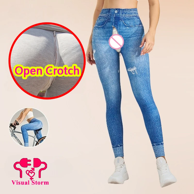 Woman Breathable Open Crotch Leggings Fast Dry Butt Lifting Long Capris Slim Fitness Fake Jeans Crotchless Hot Pants Sexy Leg