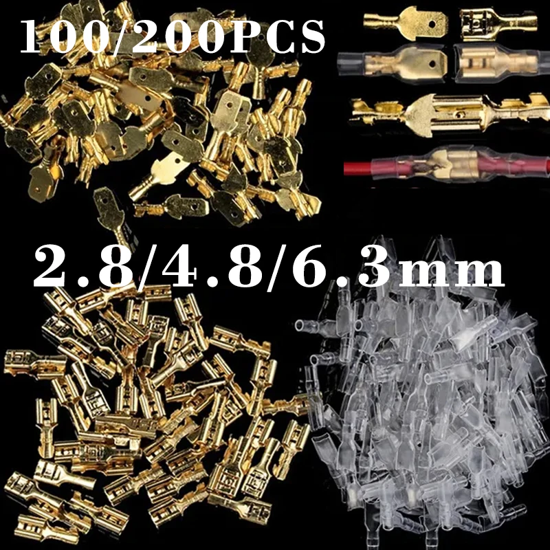 100/200Pcs  Electric Wire Connectors Set 2.8/4.8/6.3mm Female and male Crimp Terminal Connector Gold Brass/Silver Car Speaker