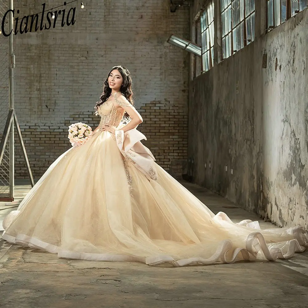 

Шампанское, драгоценный камень, бисер, жемчуг, платья Quinceanera, бальное платье, аппликации, кружевной бант, мексиканский сладкий 16 XV Anos