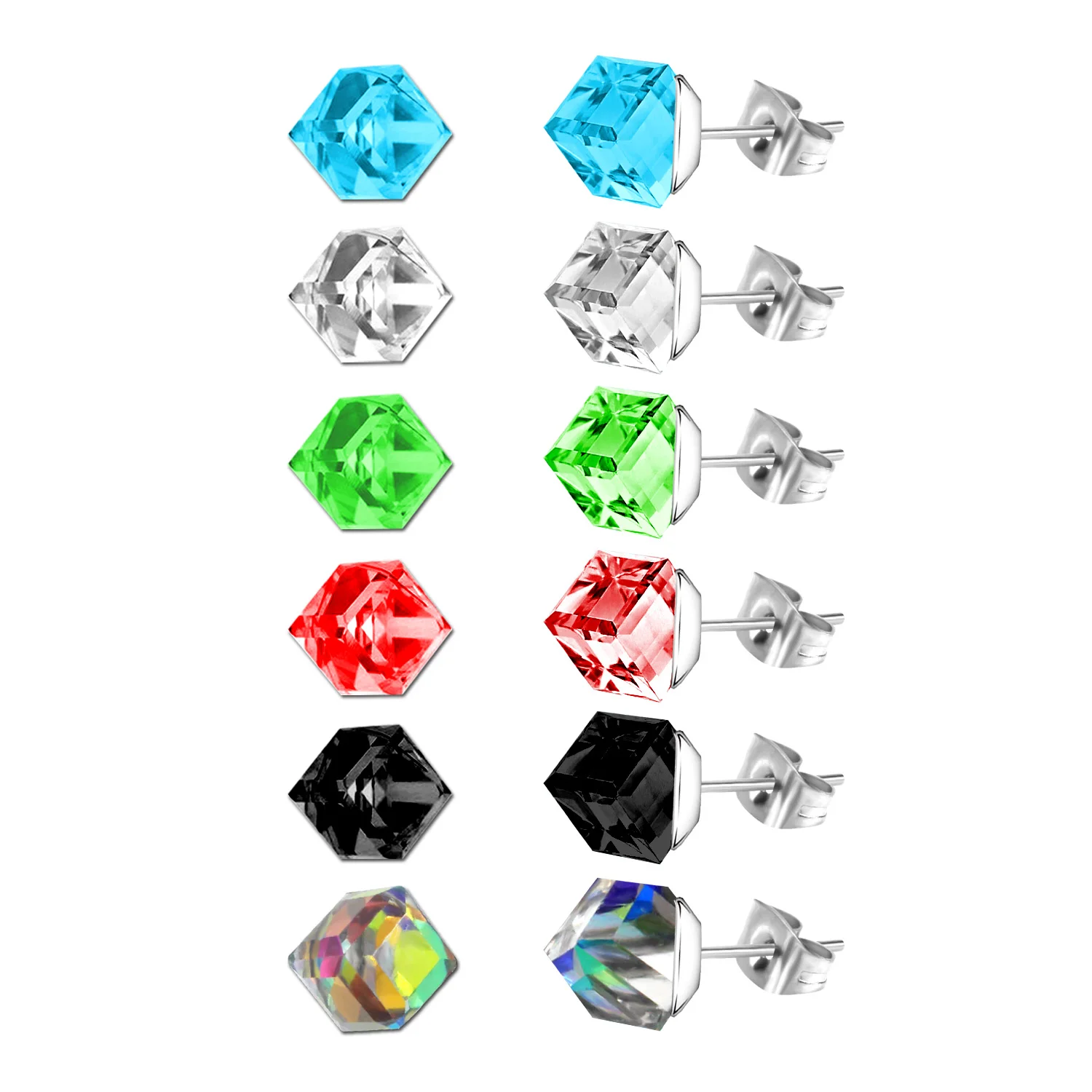 LUXUSTEEL Korean Fashion Colorful Square Cube CZ Earrings Set Stainless Steel Push Back Silver Color Stud Earring 6Pairs 4mm/6mm