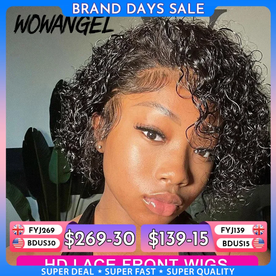 Wow Angel Short Curly Pixie Cut Wigs 13x4 HD Lace Front Wigs 250% Jerry Curly Human Hair Wigs Melt Skins HD Transparent Lace Wig