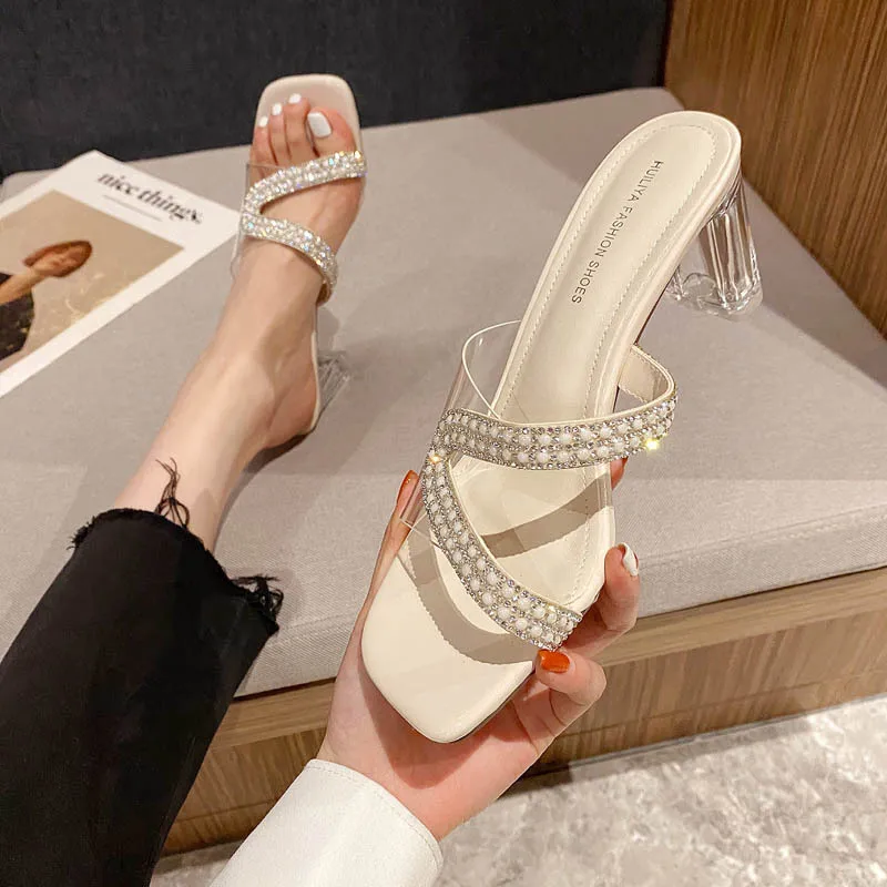 

2023 summer new transparent thong sandals wear high-heeled crystal heel women's thick heel sandals