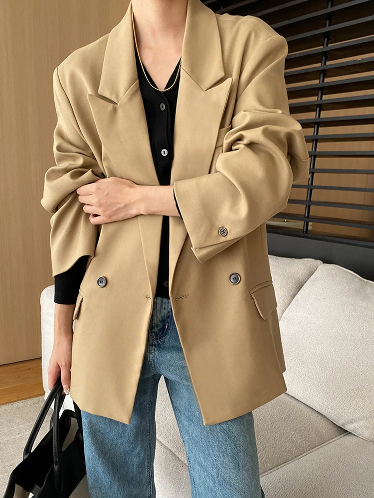 [EAM] Women Coffee Gray Khaki Elegant Big Size Blazer New Lapel Long Sleeve Jacket Fashion Tide Spring Autumn 2024 1DH7054