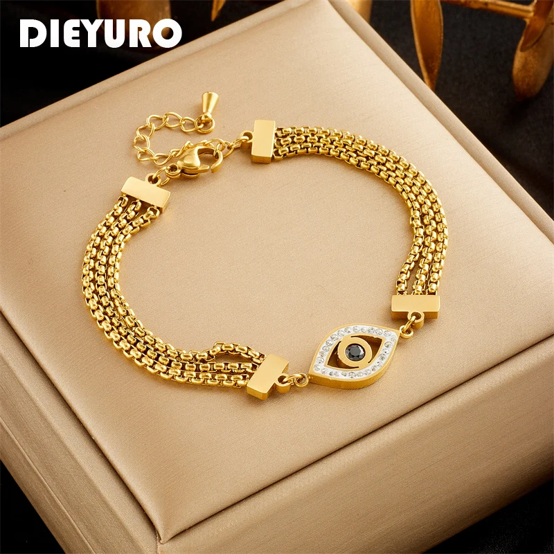 DIEYURO 316L Stainless Steel Retro Eyes Charm Bracelet For Women New Fashion Gold Color Wrist Chain Jewelry Birthday Gifts