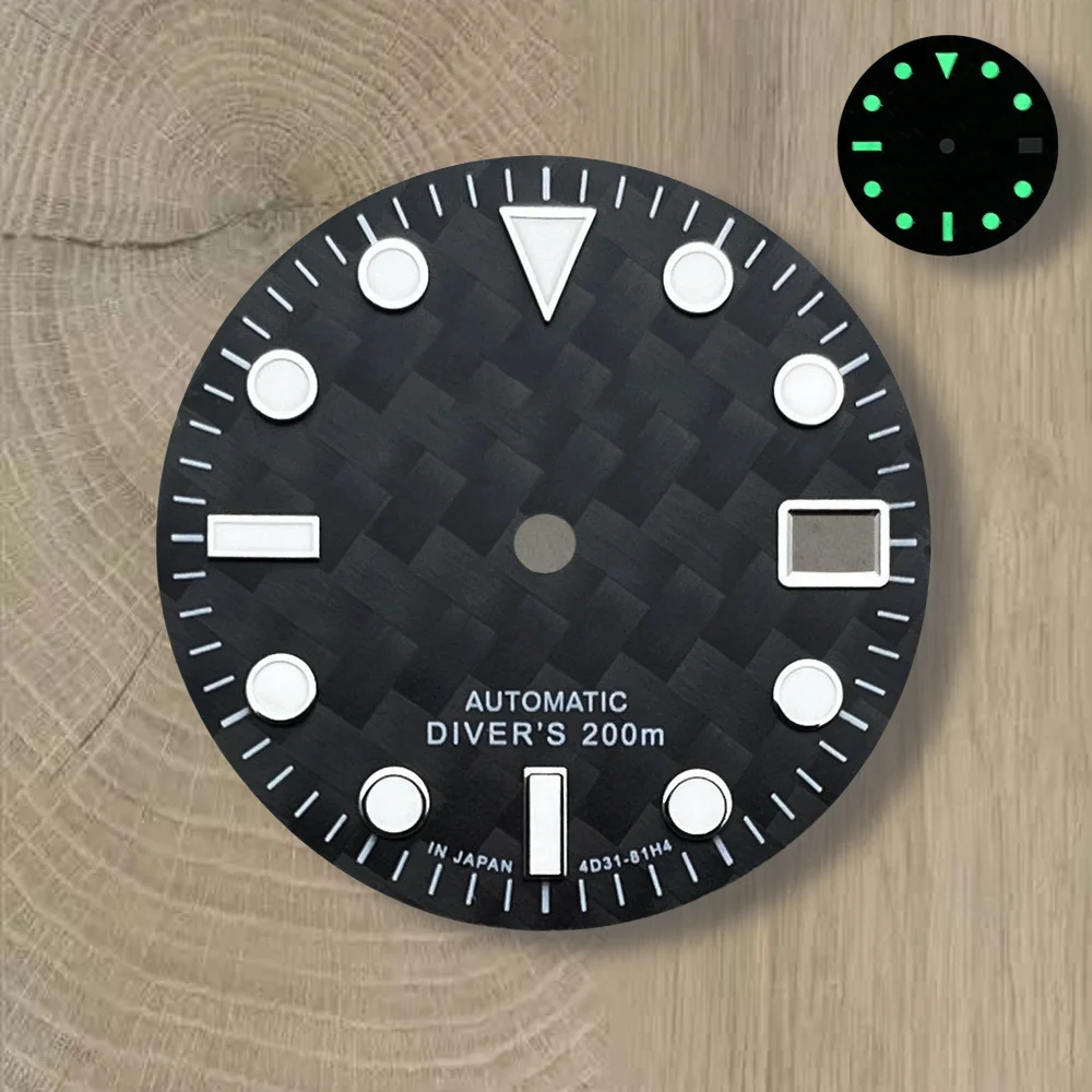 28.5mm S Logo Carbon Fiber Dial Fit NH35/NH36/4R/7S Movement Green Luminous Diving High-Quality Watch Modification Accessories