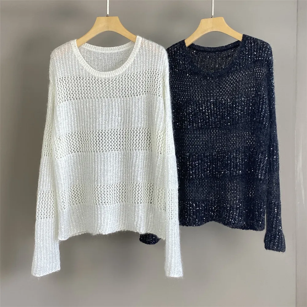 

25 Women's Autumn And Winter New Round Neck Sequined Mohair Knitted Casual Pullover