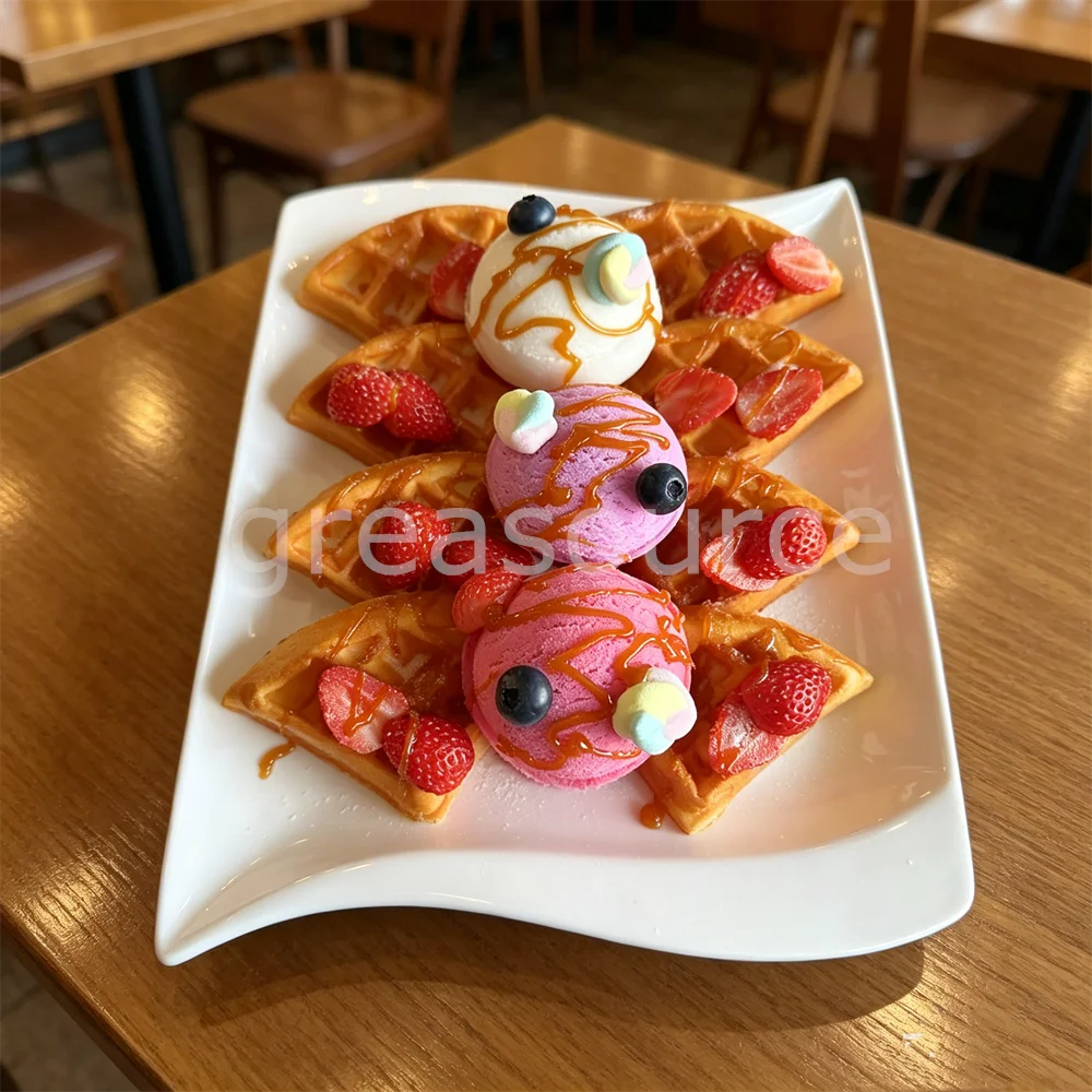 Handmade Pu Fake Waffle Ice Cream Platter Model Strawberry Blueberry Caramel Topping Artificial Pastry Craft Prop Shop Coffee