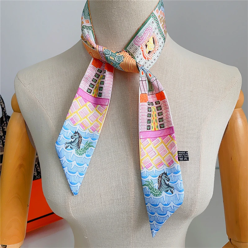 New Design Women Silk Scarf Luxury Brand Skinny Small Scarves In Summer Fashion Hairband Wrap Bag Ribbon Scarf Headscarf