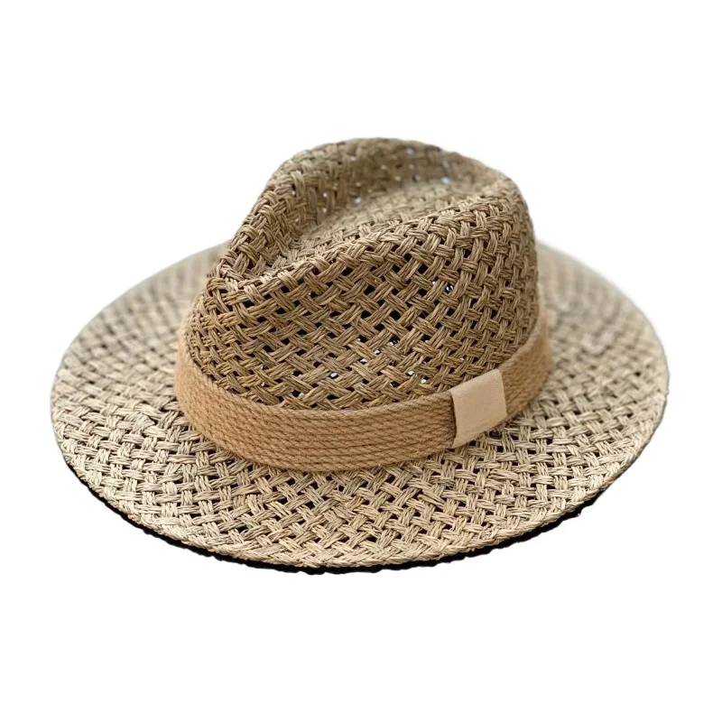 Straw hat for both men and women with large head circumference natural seaweed woven top hat with wide rim for sun protection