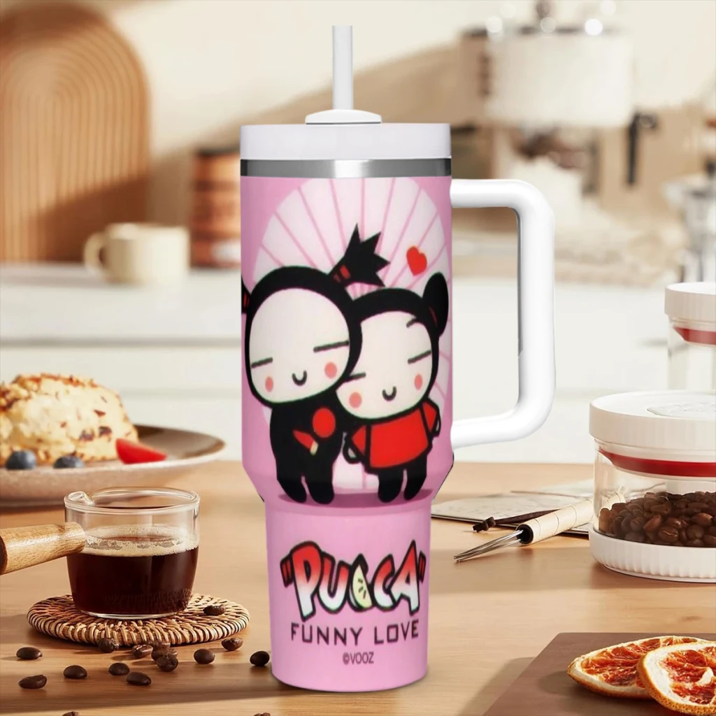 Car Travel Mugs Cute Cartoon Pucca Garu Stainless Steel 304 Tumbler Water Bottle 40oz/1200ml