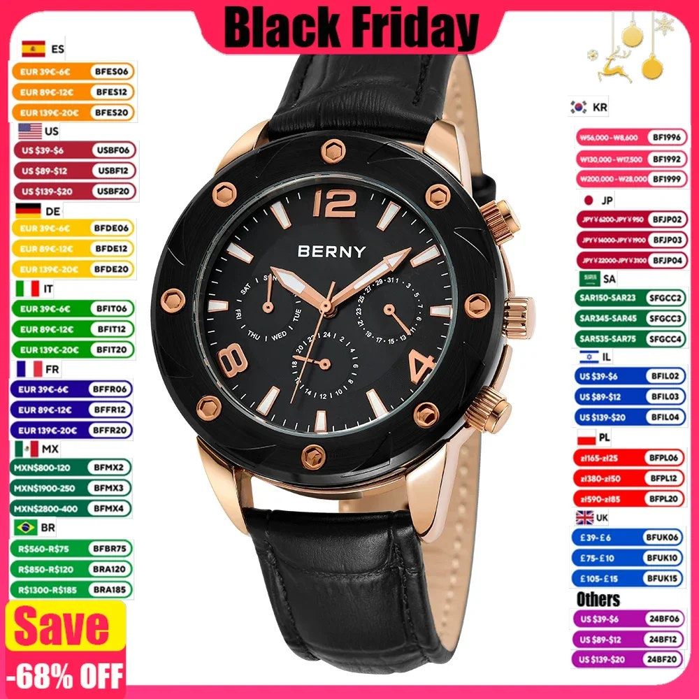 BERNY Dress Men Quartz Watch Swiss Movement Male Clock Luminous Date Day Multifunction Waterproof 5ATM Cool Wristwatch for Men