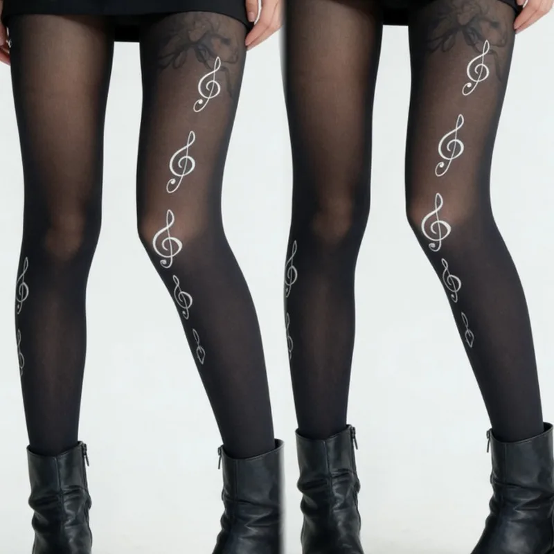

Y2K Sexy Cool Printed Pantyhose Women Black Sheer Tight Music Note Pattern Stocking JK Harajuku Style for Festival Party Legging