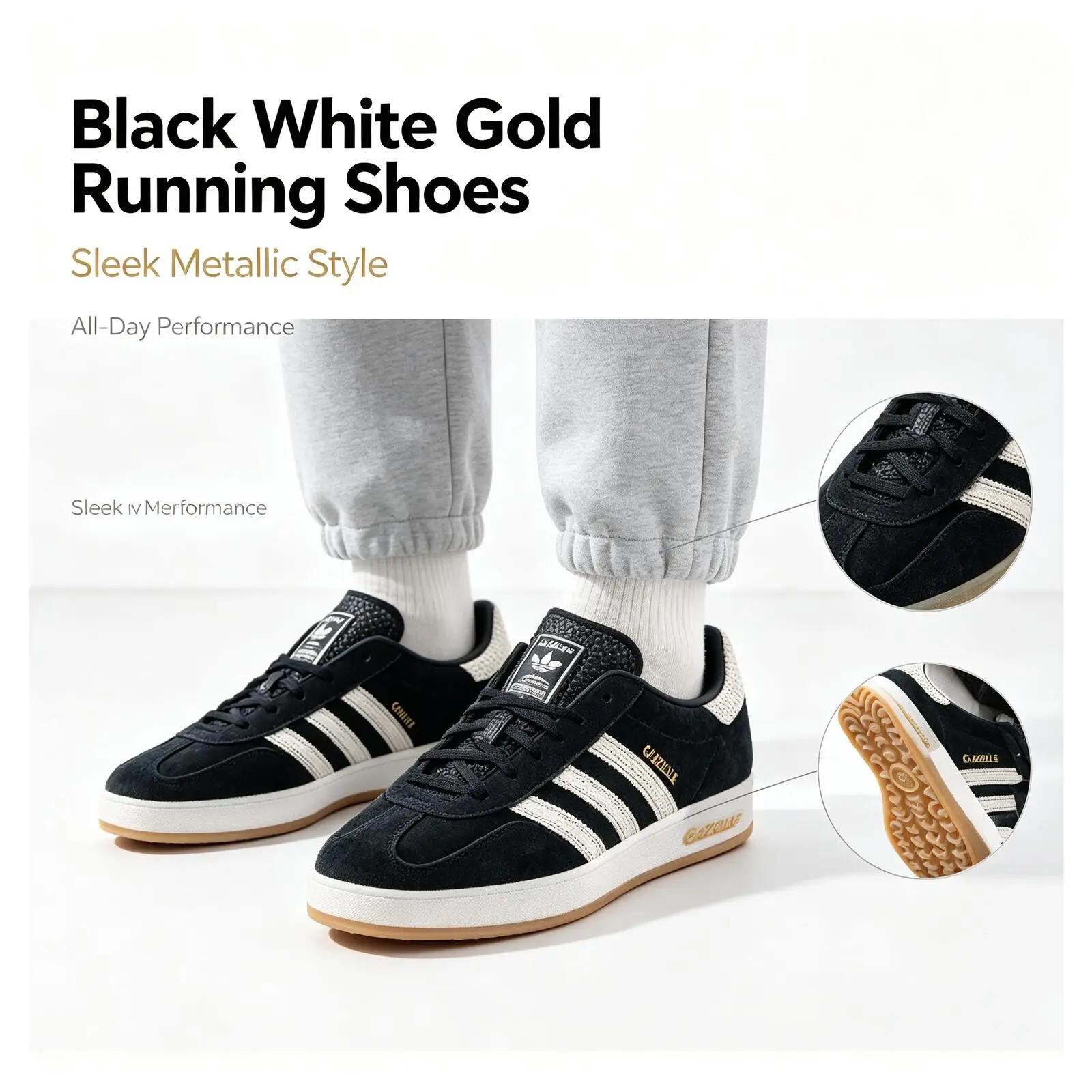 Adidas Originals  Black White Gold Running Shoes for Men Sleek Thick Sole Lightweight Breathable Urban Sport Sneakers JI2755