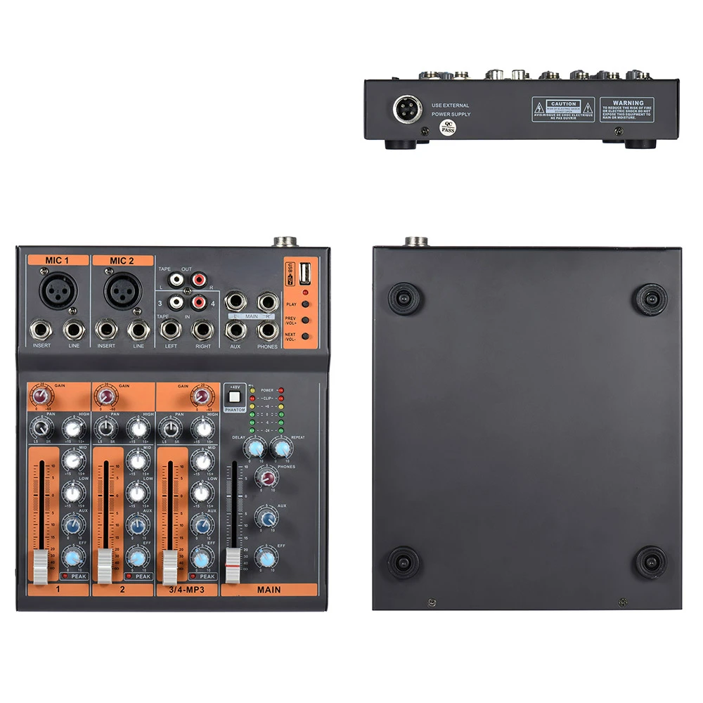 Draagbare 4-Kanaals Mic Lijn Audio Mixer Mixing Console 3-Band Eq Usb Interface 48V Phantom Power met Power Adapter