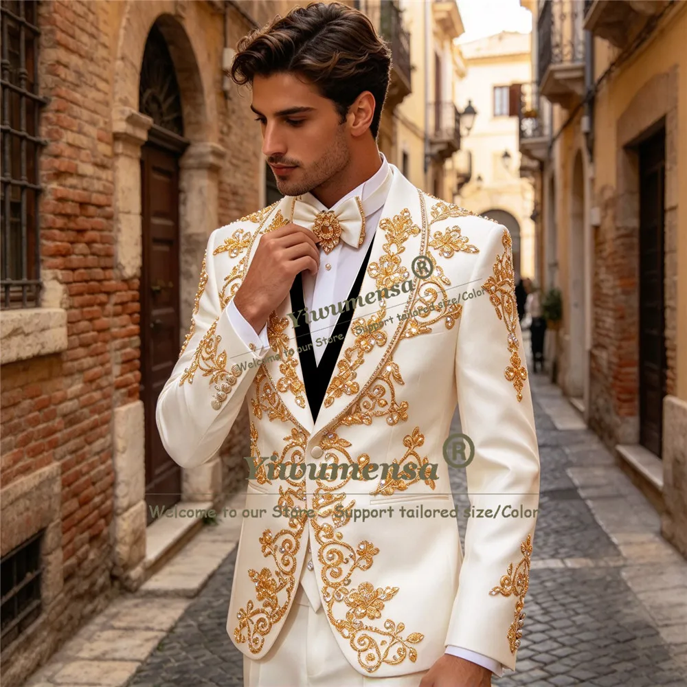 Exclusive Men's Suit For Wedding Gold Crystals Stones Jacket Pants 2 Piece Sets Groom Tuxedo Customized Male Anniversary Clothes
