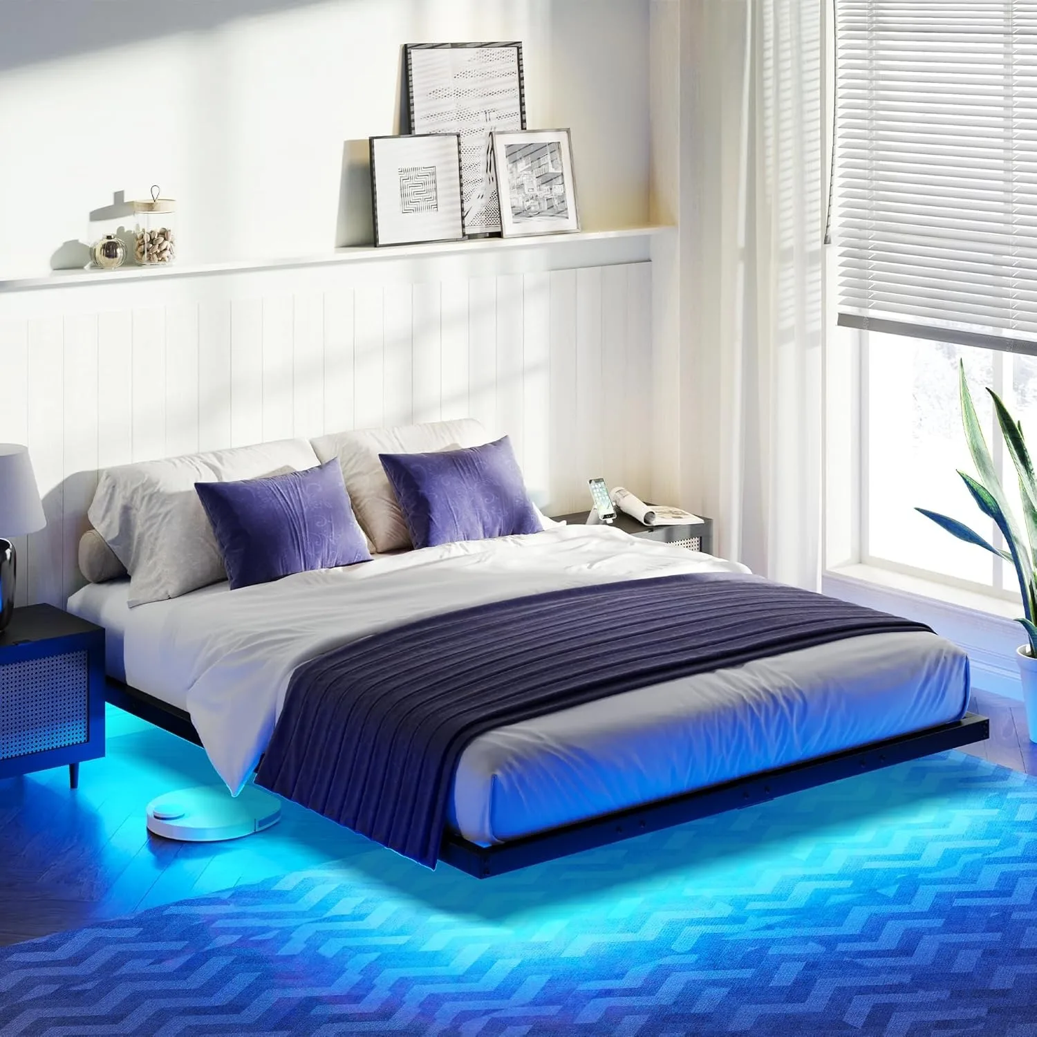 Estrutura de cama flutuante queen size, estrutura de cama queen com luz LED, cama de plataforma de metal resistente, sem necessidade de molas/sem ruído