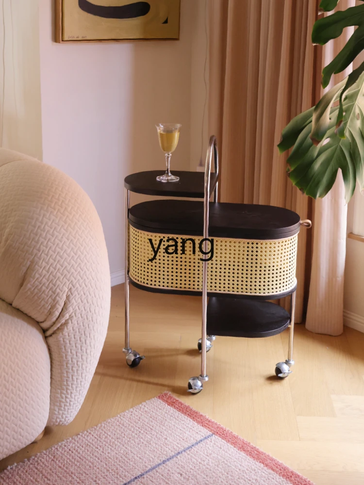 Yjq Trolley Zhonggu Retro Living Room Rattan Storage Rack Small Apartment Mobile Side Table Storage