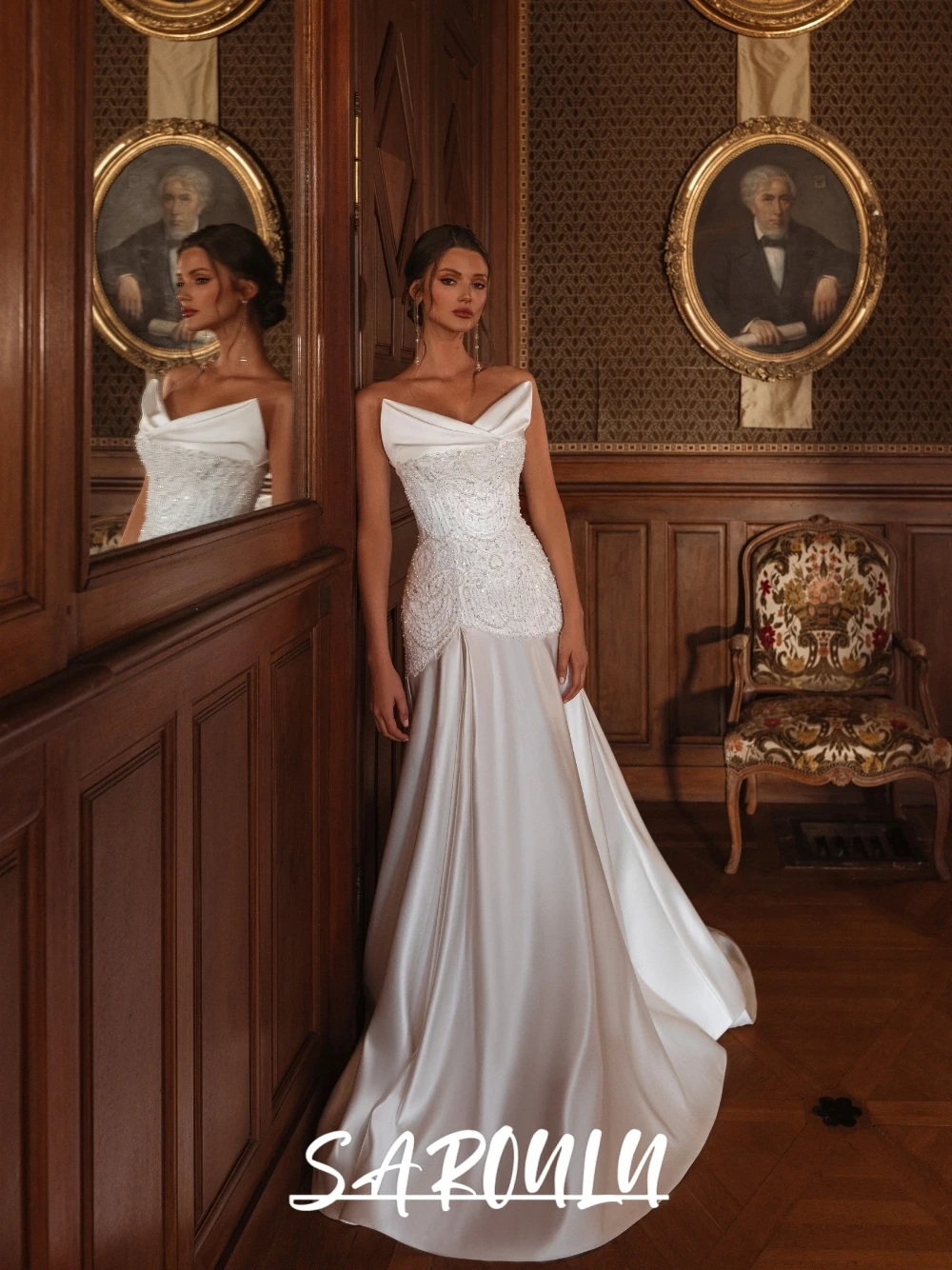 

Струящееся атласное свадебное платье русалки с жемчугом, ослепительное свадебное платье с V-образным вырезом по индивидуальному заказу, нежное винтажное женское новое платье