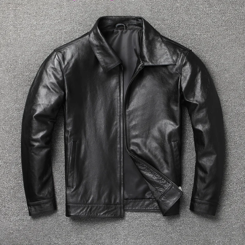 shipping.father gift.Wholesales.cheap genuine Free leather jacket.black simple cowhide coat.Plus size.casual slim leather cloth