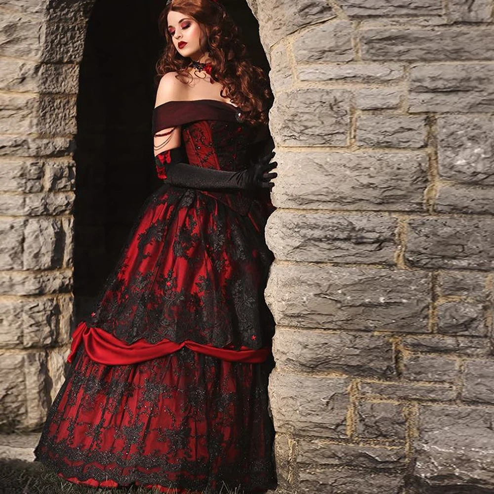 Gothic Medieval Schwarz Spitze Liner Burgund Abendkleid Sexy Off Schulter Frauen Formale Kleider A-line robe de soirée de mariage