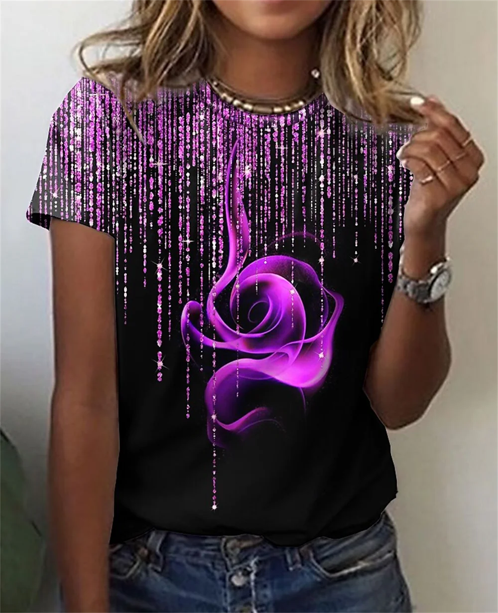 Blusa de manga corta con estampado de rosas en 3D para mujer, camisetas de talla grande, ropa Y2k, 2023