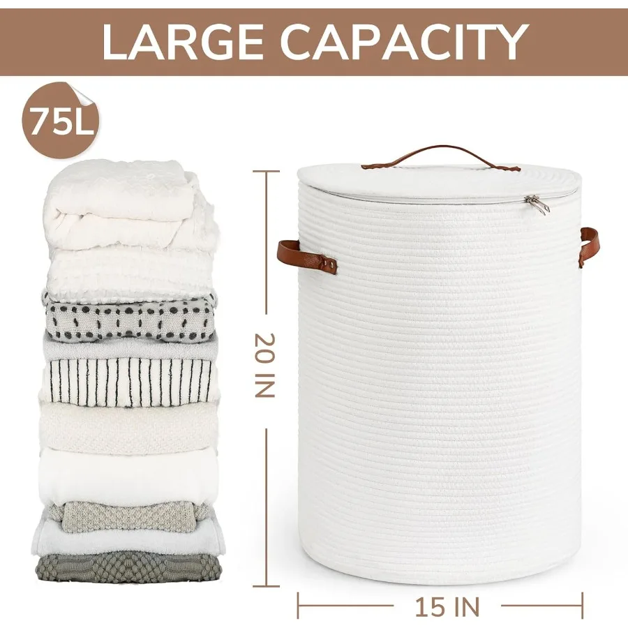 Tall Laundry Basket with Lid for Nursery and Home Use: White Cotton Rope Storage Basket Ideal for Storing Clothes Blankets Toys