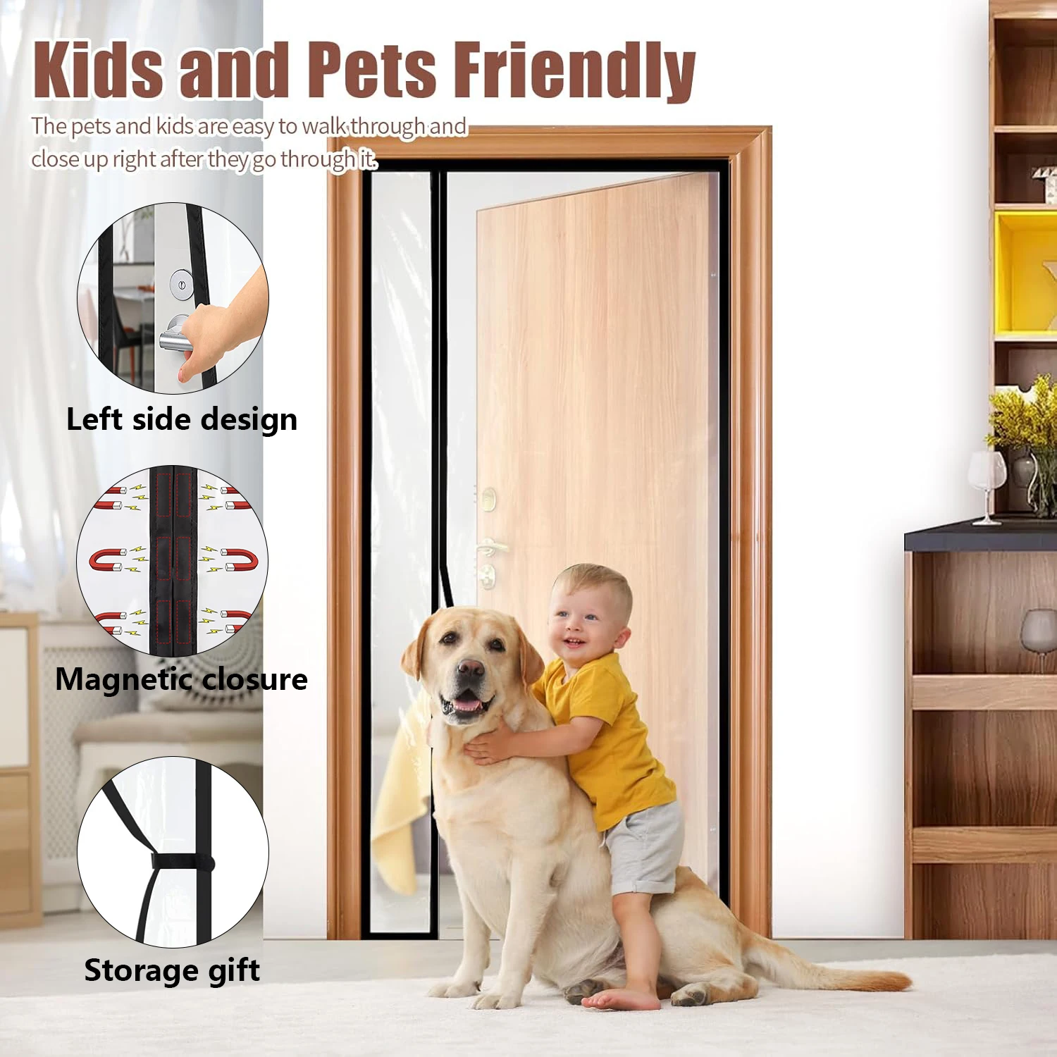 Magnetic Transparent Door Curtain Side Open Auto Close No Drill Thermal Insulated Windproof AC Room Divider Pet Friendly Black