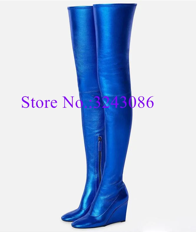 

Woman New Wedge Long Boots Fashion Round Toe Blue Brown Thigh High Boots Sexy Lady Thin Leg Over the Knee Boots Dropship