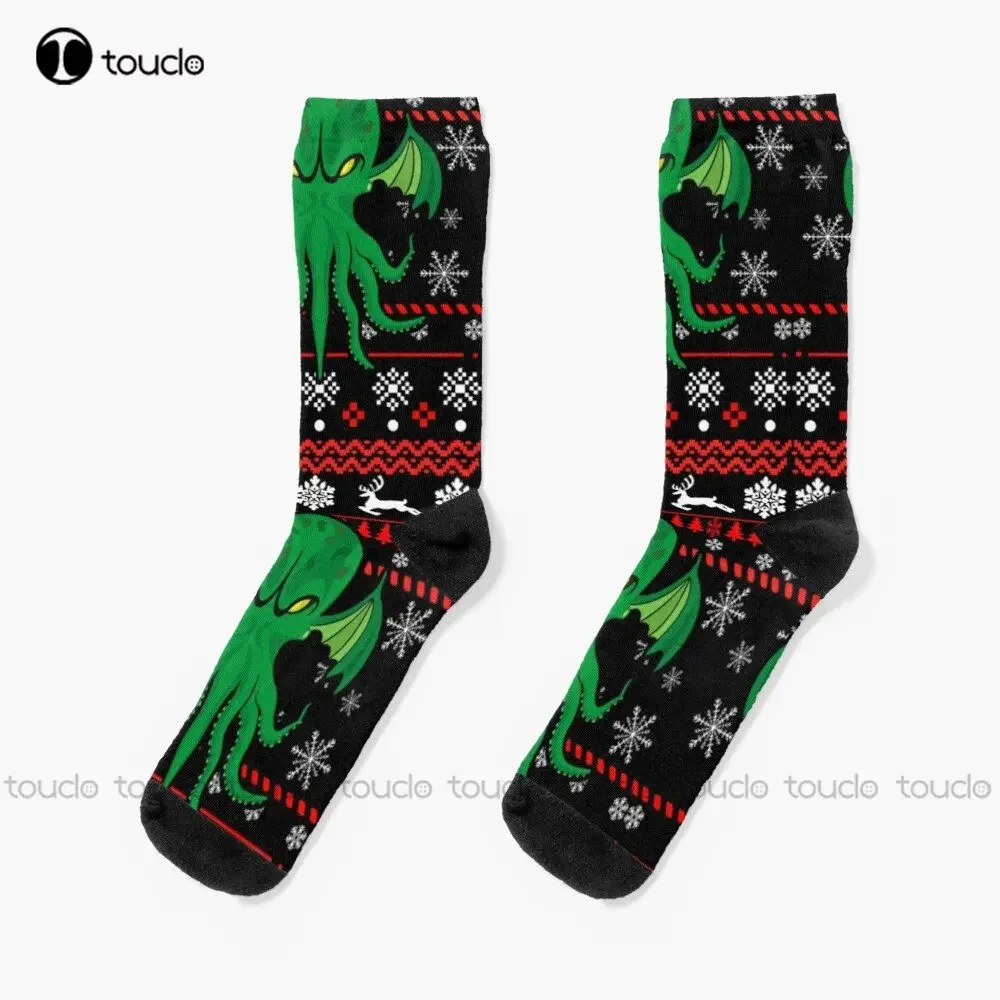 Cthulhu Ugly Xmas Gift Socks Womens Black Fun Socks Personalized Custom Unisex Adult Teen Youth Socks 360° Digital Print Cartoon