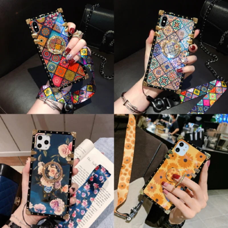

Luxury Bling Glitter Flower Square Phone Case For iPhone 11 12 13 14 15 Pro Max XS Max X XR 7 8 Plus Woman Retro Plaid Cover