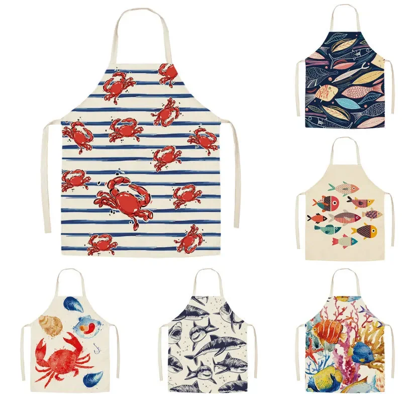 Cartoon Sea Animal Fashion Waist Sleeveless Apron Kitchen Decoration Cooking Barbecue Waterproof and Oilproof Fabric Adult Bib