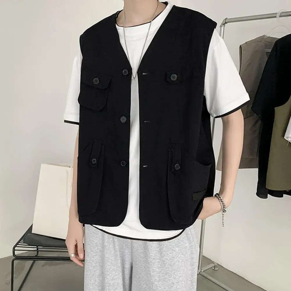 Men Cargo Waistcoat Men's Casual Sleeveless Waistcoat with Multiple Pockets Button Closure Solid Color Outdoor Cargo for Thin