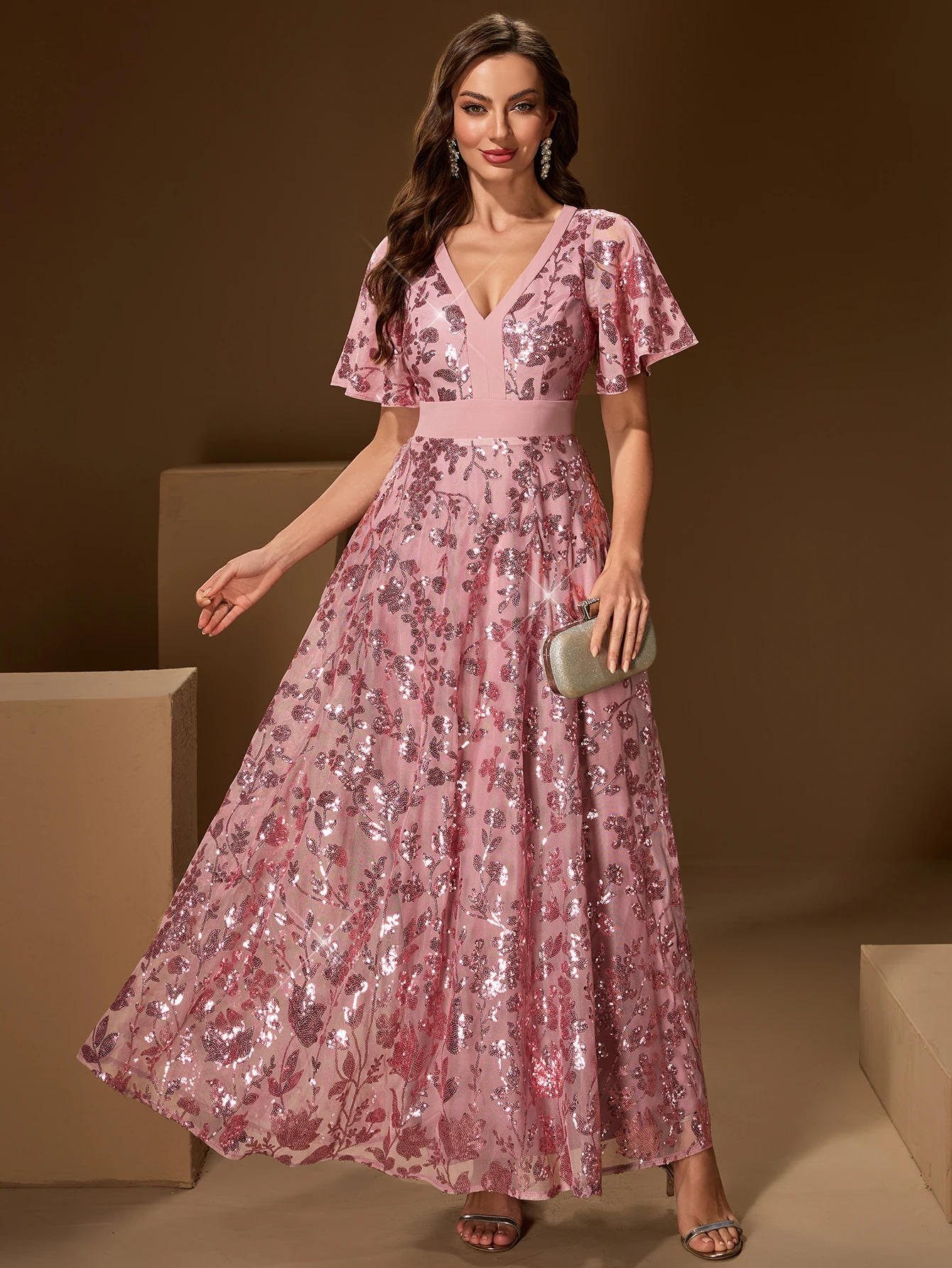 

Элегантное блестящее платье с V-образным вырезом и пайетками для женщин, розовое, А-силуэта, для дня рождения, вечеринки или свадьбы, платье подружки невесты