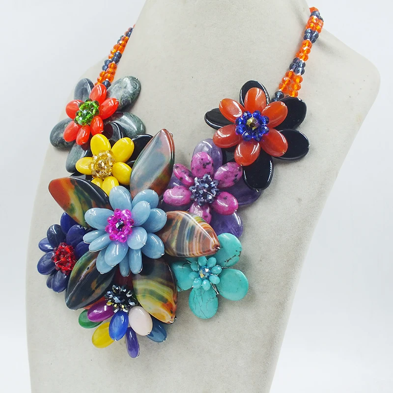 The most classic flower necklace. Semi Precious Stone/Coral/Crystal. Hand Woven Charm Women Jewelry 22”