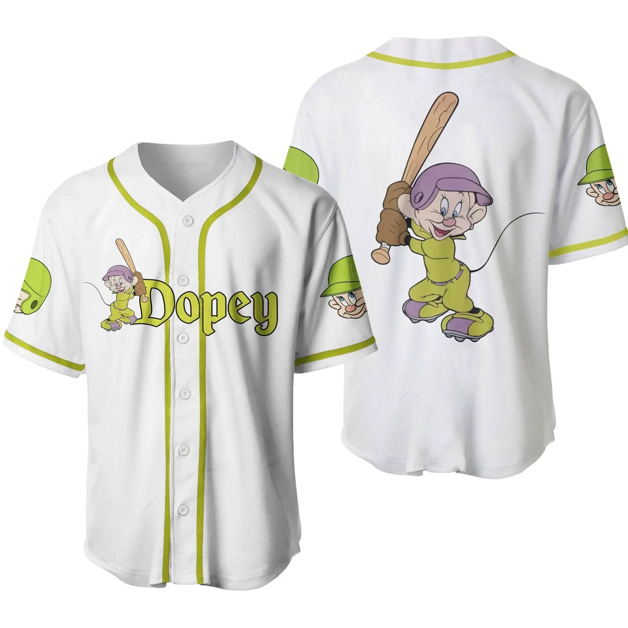 เสื้อยืดลำลอง3D jersei bisbol แคระ2024 Disney Dopey สำหรับผู้ชายผู้หญิงสามารถใส่ได้เองชื่อ Baju bisbol