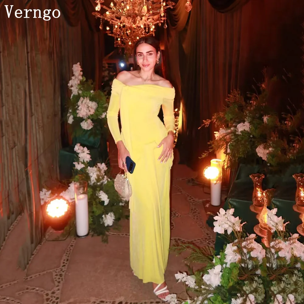 

Verngo Yellow Crepe Evening Dress Off The Shoulder Full Sleeves Mermaid Prom Gowns Elegant Pleated Party Dress Customized