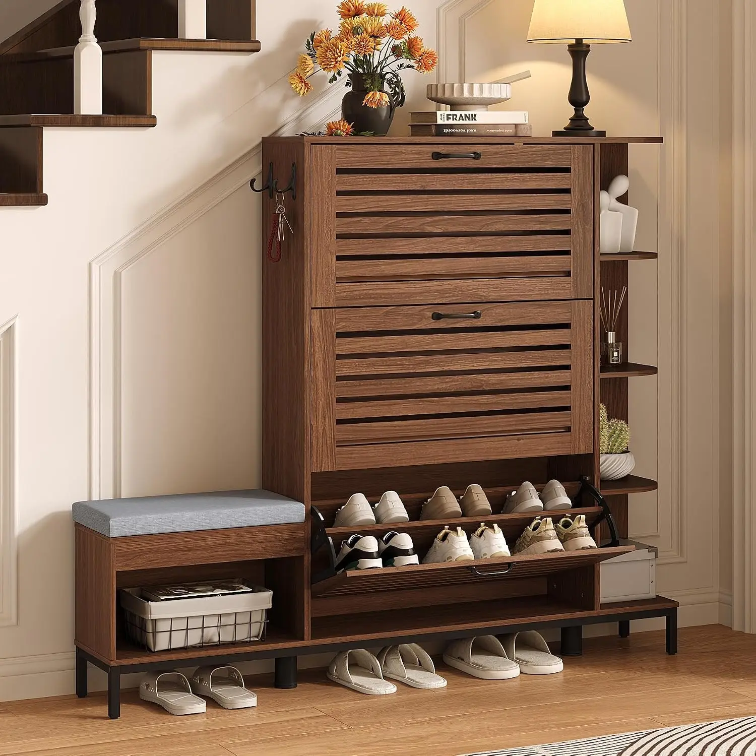 Narrow Shoe Cabinet with Bench, 3 Flip Doors & Side Storage, 44