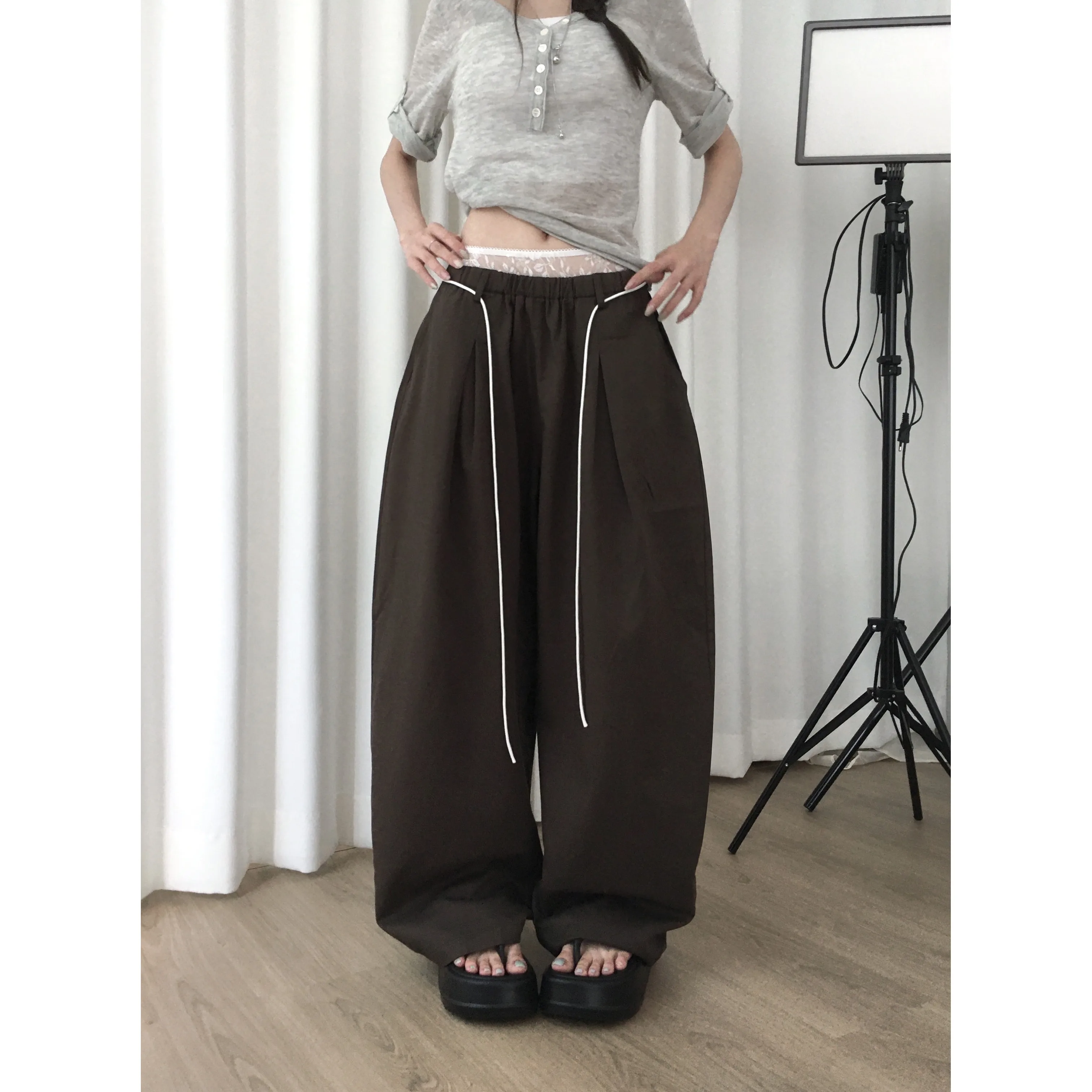 Casual High Waist Wide Leg Pants Lace Patchwork Drawstring Versatile Loose Slimming Leisure Trousers for All Occasions